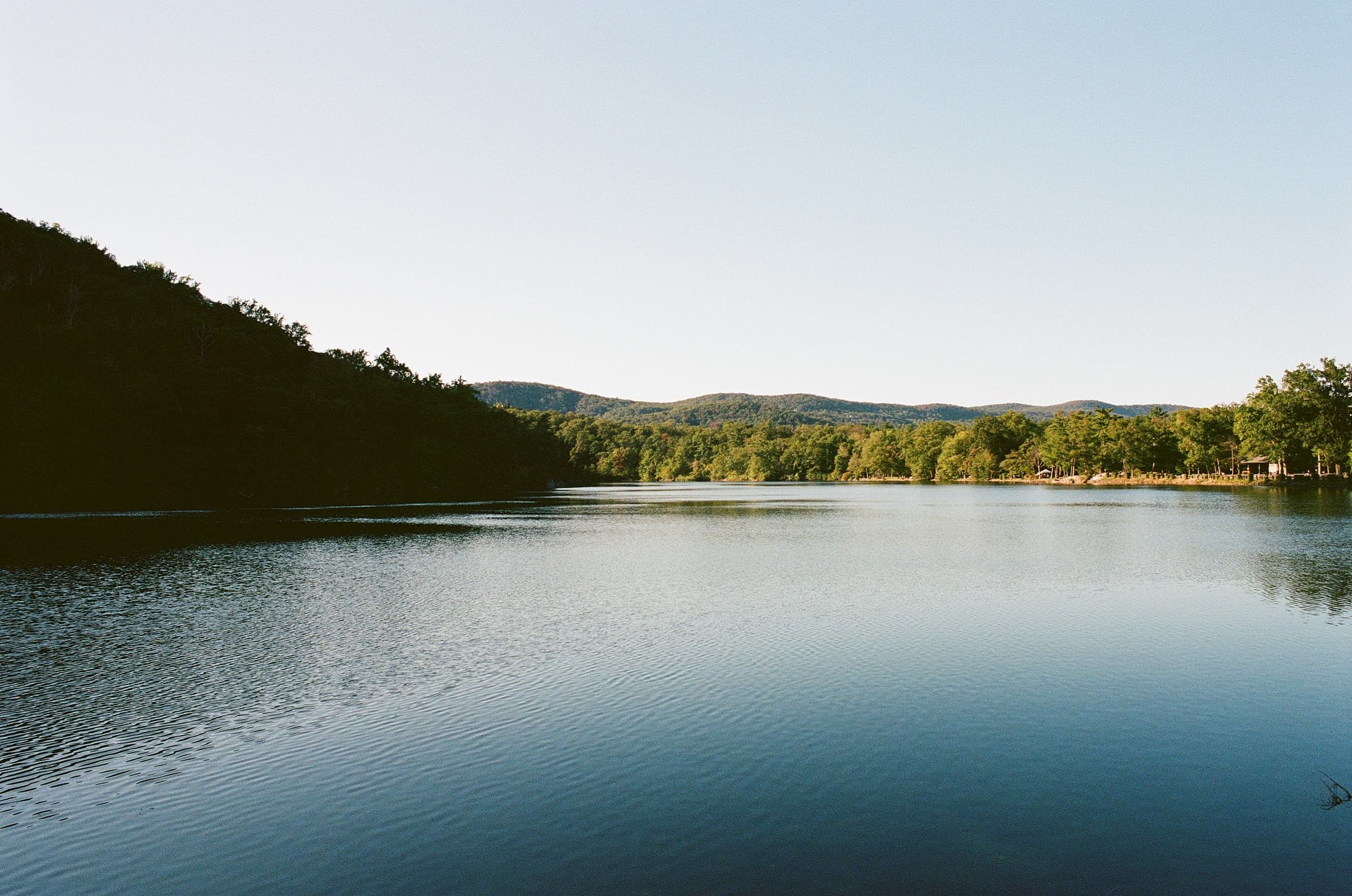 Landscape image of Hessian Lake with mountain ranges in the background